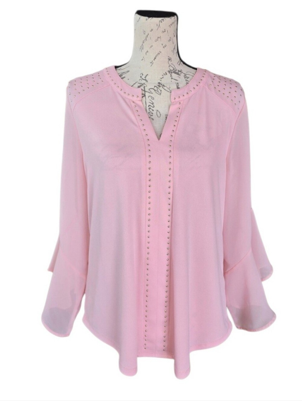 Belldini Embellished Pastel Pink Chiffon Long Sleeve Semi Sheer Blouse L